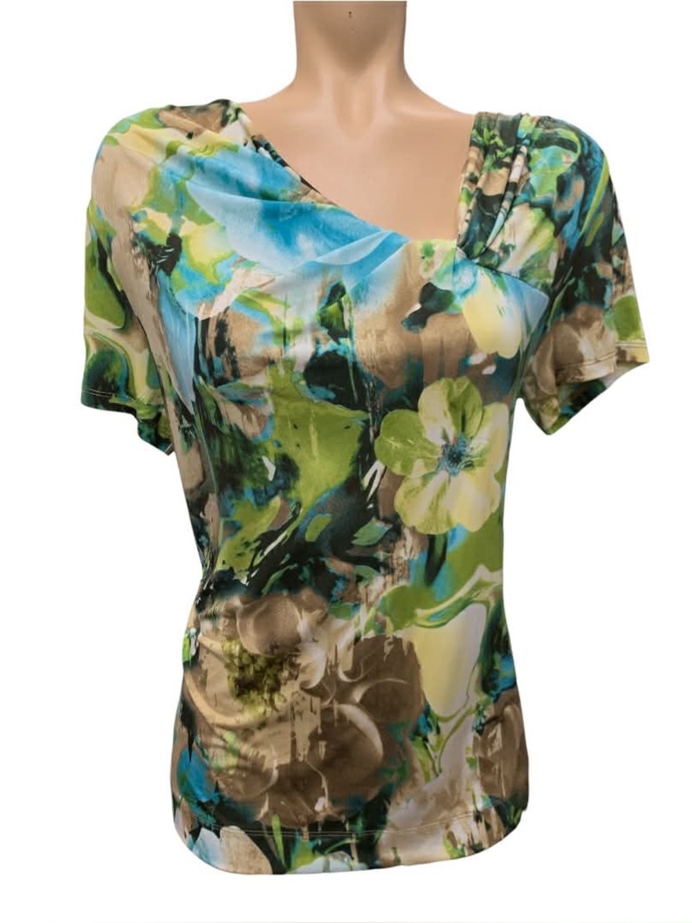 Lindor Short Sleeve Floral Blouse in Green & Blue Size M